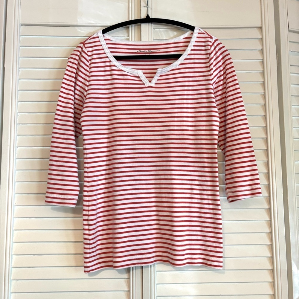 Eddie Bauer 3/4 Length Sleeve T Shirt Red and White Striped Size Medium M